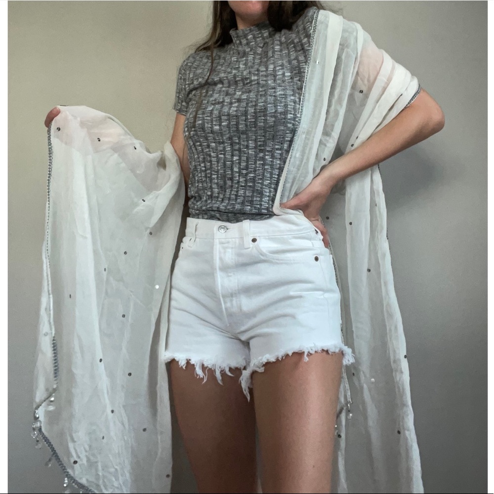Vintage Silk White Sequin Beaded Scarf Wrap